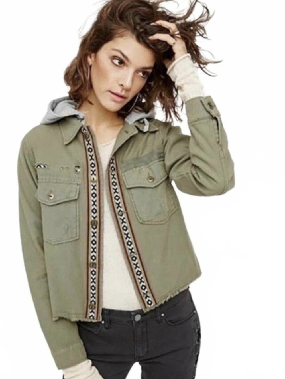 Free People Green Utility Jacket with Gray Hood and Trim